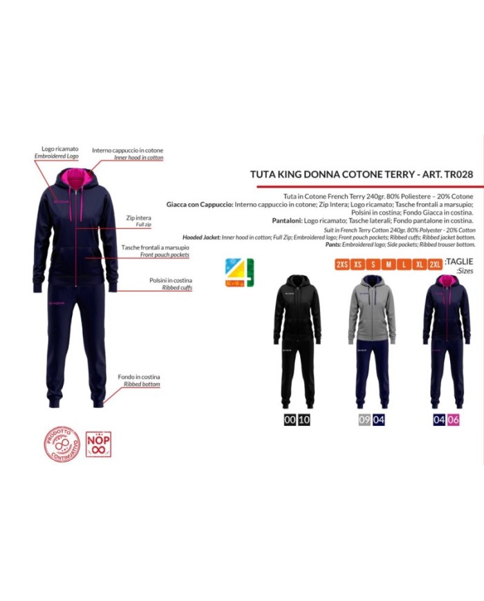 Tuta Givova KING DONNA COTONE TERRY TR028 con Cappuccio Nero TR0281010 Tuta Givova KING DONNA COTONE TERRY TR028 con Cappuccio Nero TR0281010