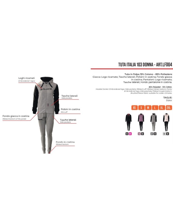 Tuta ITALIA 103 DONNA Givova LFD04 Felpata con Cappuccio Grigio Nero LFD042710