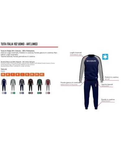 TUTA ITALIA UOMO 102 G/COLLO felpa CON BANDA GRIGIO MELANGE SCURO/BLU Tg. M TUTA ITALIA UOMO 102 G/COLLO felpa CON BANDA GRIGIO MELANGE SCURO/BLU Tg. M