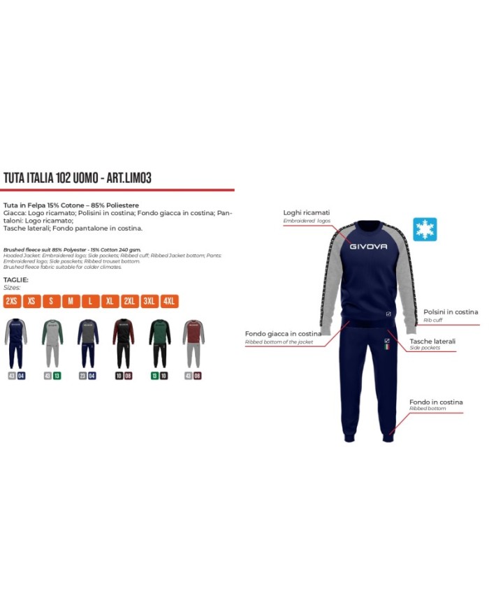 TUTA ITALIA UOMO 102 G/COLLO felpa CON BANDA GRIGIO  MELANGE CHIARO/BLU Tg. L