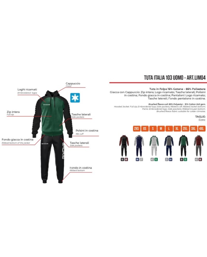 TTuta UOMO ITALIA 103 Givova LIM04 Felpata con Cappuccio Grigio Granata LIM044308