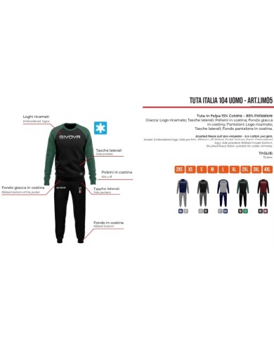 Tuta UOMO ITALIA 104 Givova LIM05 Girocollo Felpata Nero Verde LIM051013 Tuta UOMO ITALIA 104 Givova LIM05 Girocollo Felpata Nero Verde LIM051013
