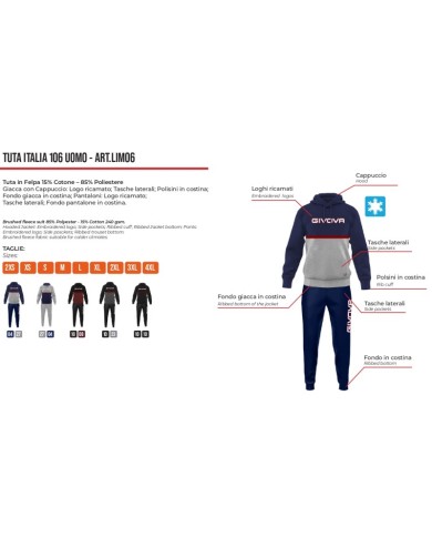 TUTA ITALIA 106 UOMO CON CAPP. BICOLORE IN FELPA NERO/NERO Tg. 2XL TUTA ITALIA 106 UOMO CON CAPP. BICOLORE IN FELPA NERO/NERO Tg. 2XL