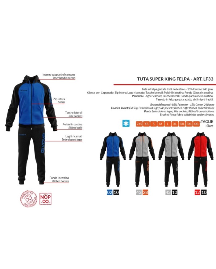 Tuta Givova SUPER KING FELPA LF33 Unisex Sport Fitness Azzurro Nero LF330210 Tuta Givova SUPER KING FELPA LF33 Unisex Sport Fitness Azzurro Nero LF330210