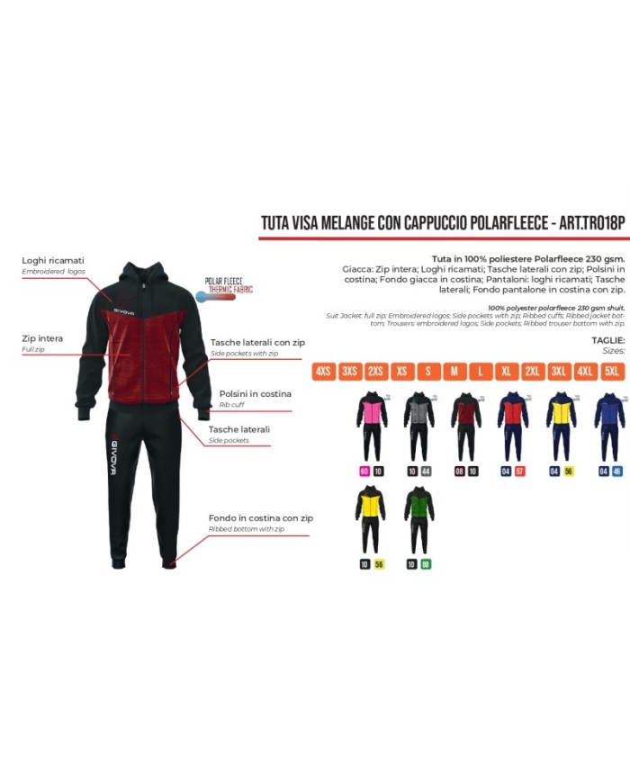 Tuta VISA MELANGE POLARFLEECE Givova TR018P con Cappuccio Blu Rosso TR018P0457