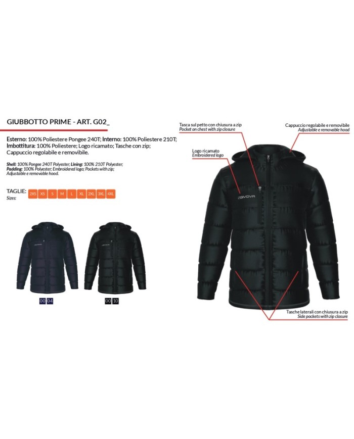 Giubbotto con Cappuccio Givova Prime G026 Unisex Full Zip Nero G0260010