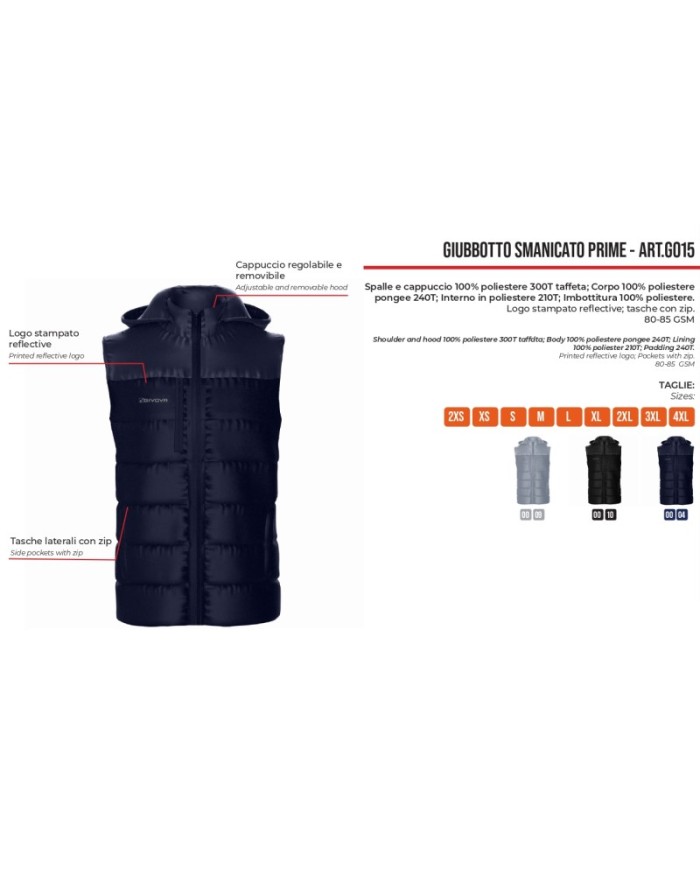 Giubbotto Smanicato Givova Prime G015 Piumino con Cappuccio Unisex Grigio G0150009 Giubbotto Smanicato Givova Prime G015 Piumino con Cappuccio Unisex Grigio G0150009
