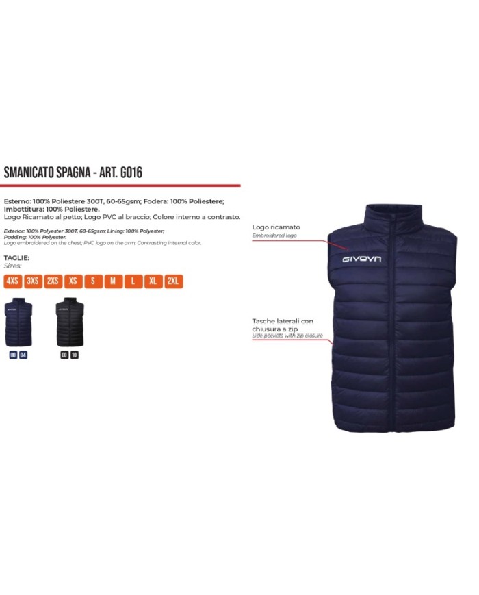 Giubbotto Smanicato SPAGNA Givova G016 Piumino Imbottito Nero G0160010