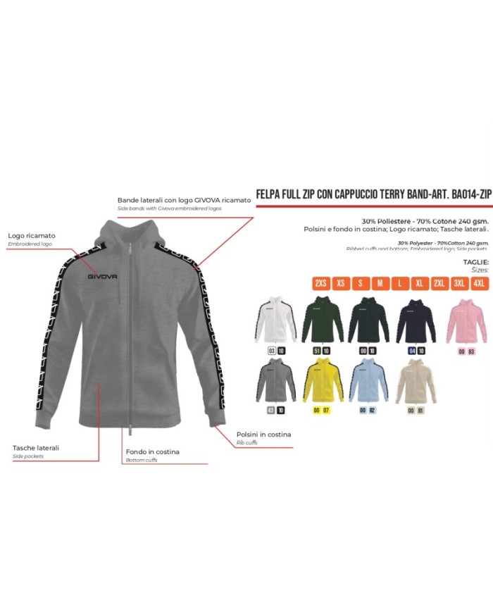 Felpa in Cotone Terry con Cappuccio Givova Full Zip Unisex Sabbia BA014ZIP-0081