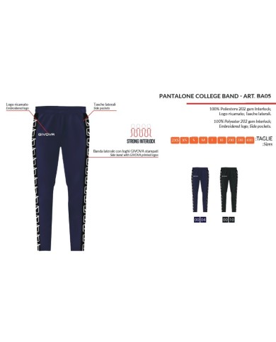 Pantalone College Band Givova BA05 Unisex Acetato Nero BA050010 Pantalone College Band Givova BA05 Unisex Acetato Nero BA050010