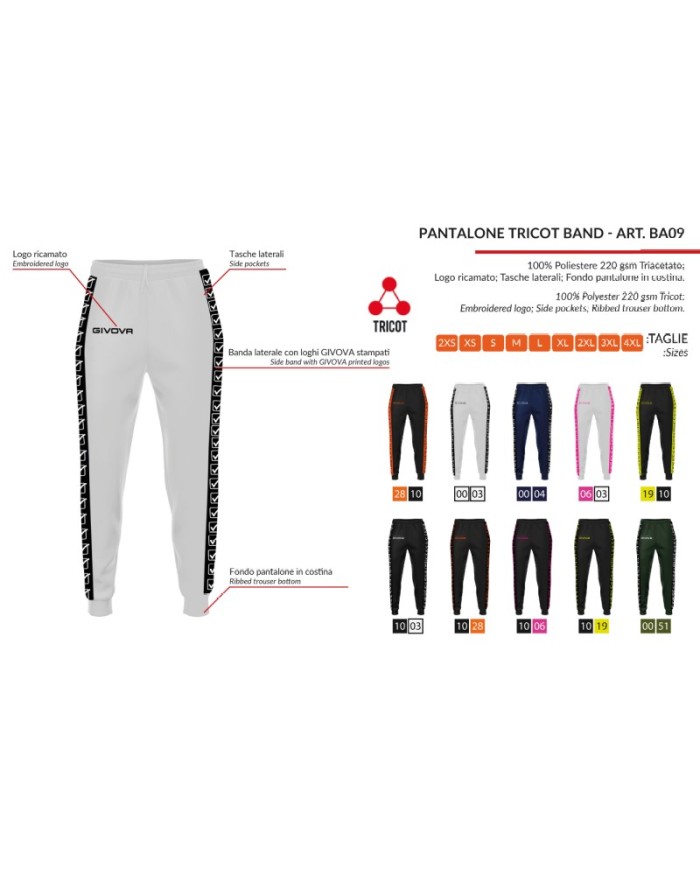 Pantalone GF VIP Tricot Band Givova BA09 Unisex Triacetato Bianco BA090003 Pantalone GF VIP Tricot Band Givova BA09 Unisex Triacetato Bianco BA090003