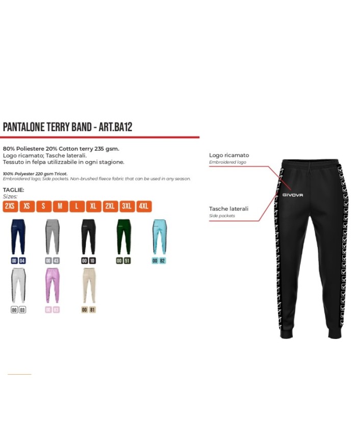 Pantalone Terry Band Givova BA12 Unisex Cotone Leggero Rosa Chiaro BA120083
