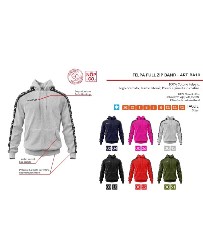 Felpa Givova FULL ZIP BAND BA10 Cotone Felpato Unisex Fuxia BA100006
