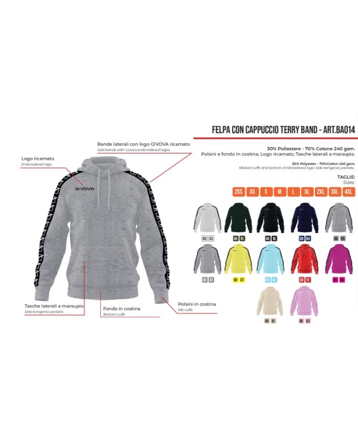 Felpa con Cappuccio Givova Terry Band BA014 Cotone Unisex Grigio BA0140009