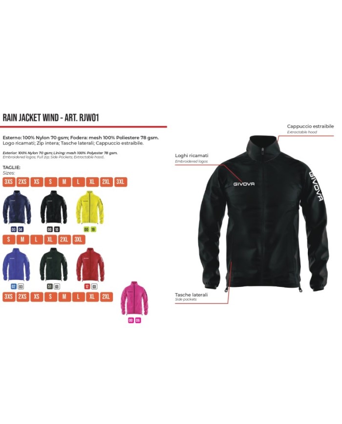 Giacca Antivento Givova RAIN JACKET WIND K-Way Sport Calcio Running Unisex Blu RJW010004