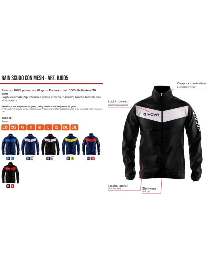 Giacca Antivento Givova RAIN SCUDO RJ005 K-Way Nero Rosso Unisex RJ0050204