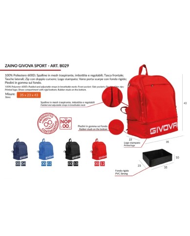 Zaino Adulto Givova Sport Rosso con Fondo Calcio Fitness Palestra B0290012 Zaino Adulto Givova Sport Rosso con Fondo Calcio Fitness Palestra B0290012