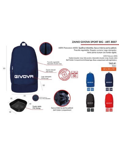 Zaino Adulto Givova Sport Big Blu con Fondo Calcio Fitness Palestra B007BL