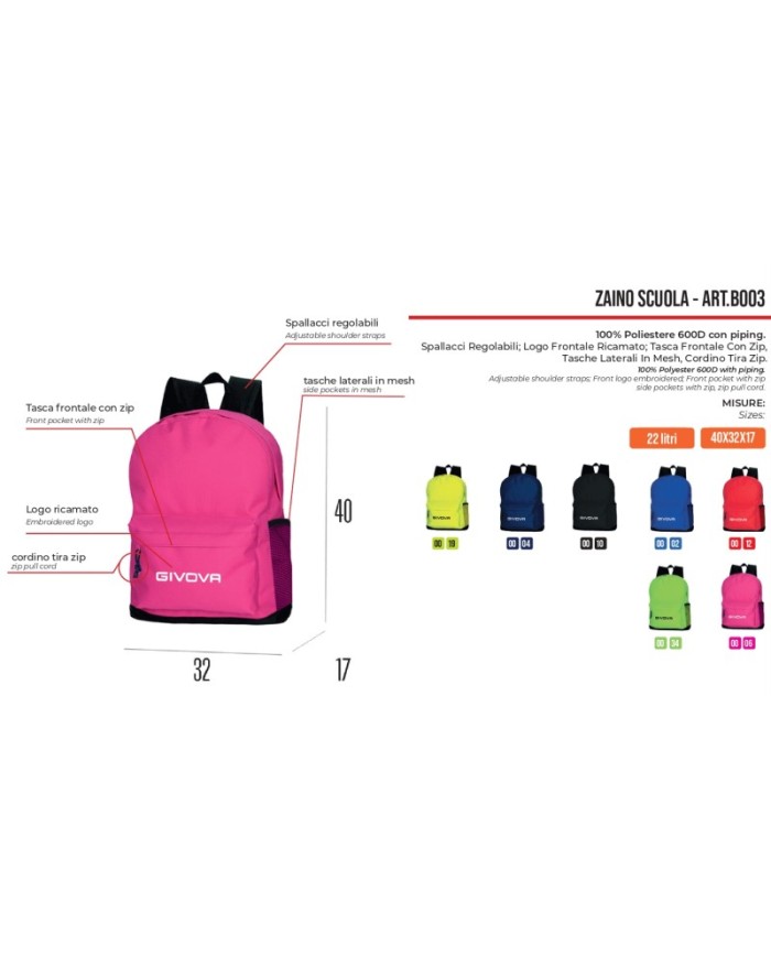 Zaino SCUOLA Givova B003 Unisex Giallo Fluo Regolabile 32x17x40cm B0030019