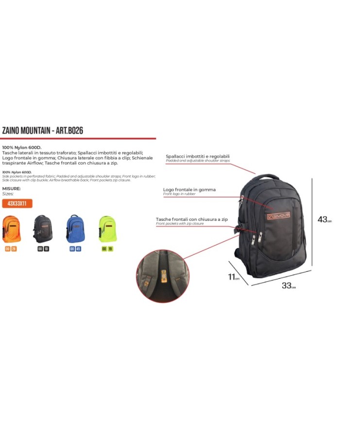 Zaino Mountain Givova B026 Unisex Multitasche Giallo Fluo B0260019