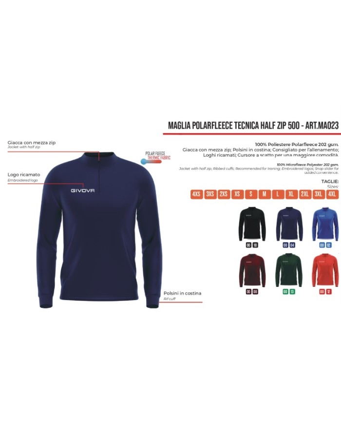Maglia Tecnica Givova HALF ZIP POLAREFLEECE Fitness Sport Unisex Micropile Azzurro MA0230002