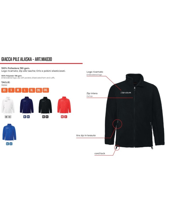 Giacca in Pile Givova ALASKA Full Zip MA030 Unisex Nero