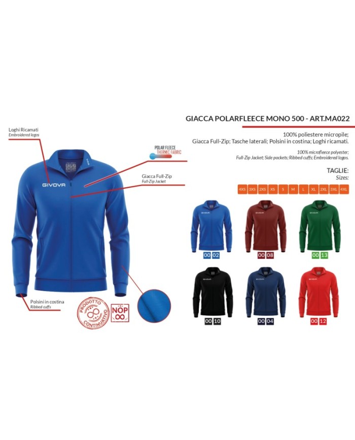 Giacca Polarfleece Mono 500 Givova MA022 FullZip Micropile Unisex Blu MA0220004 Giacca Polarfleece Mono 500 Givova MA022 FullZip Micropile Unisex Blu MA0220004