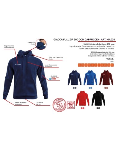 Felpa con Cappuccio Givova MA024 Micropile Full Zip Unisex Blu MA0240004 Felpa con Cappuccio Givova MA024 Micropile Full Zip Unisex Blu MA0240004