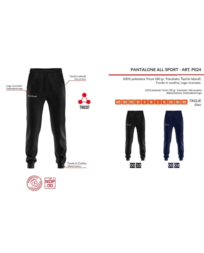 Pantalone All Sport Givova P024 Unisex Triacetato Fitness Nero P0240010 Pantalone All Sport Givova P024 Unisex Triacetato Fitness Nero P0240010