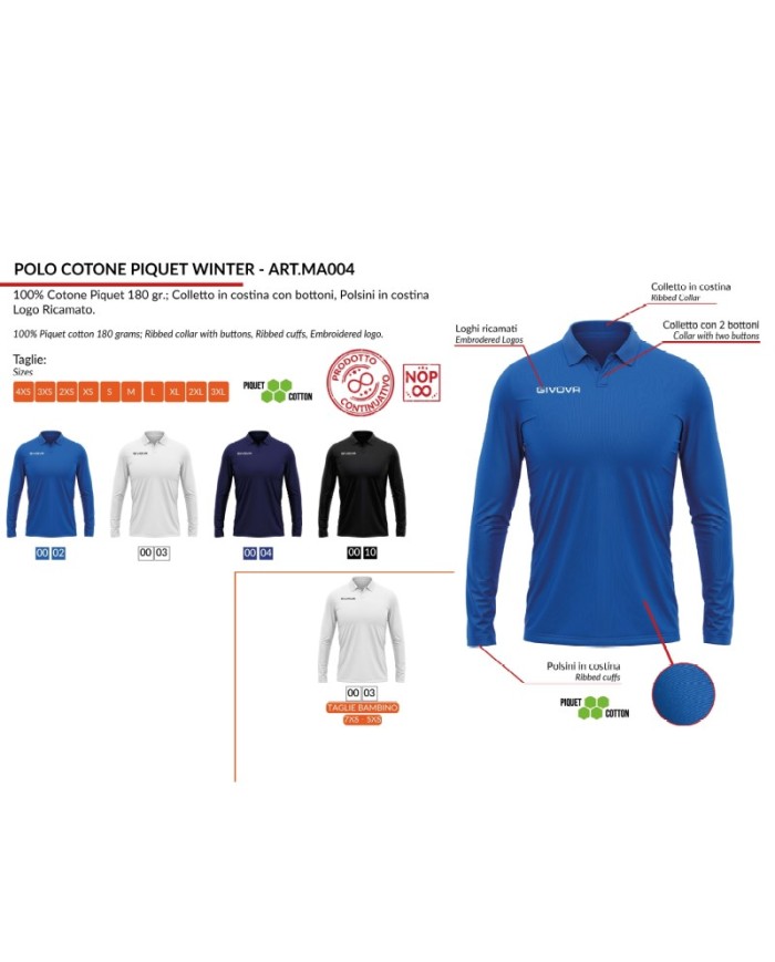 Polo COTONE PIQUET WINTER Givova MA004 Manica Lunga Unisex Blu MA0040004