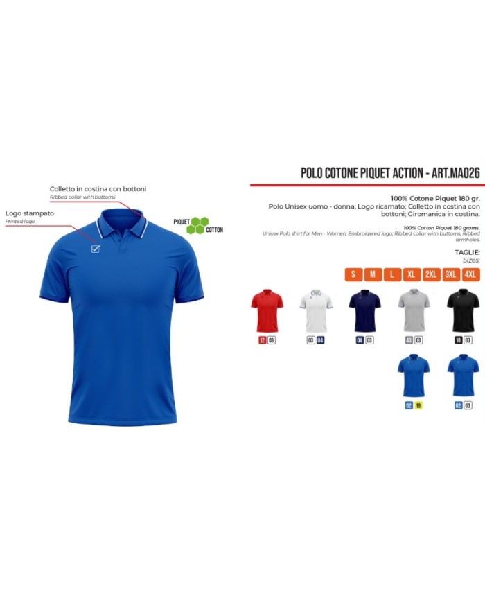 POLO COTONE PIQUET ACTION BIANCO/BLU Tg. 2XL POLO COTONE PIQUET ACTION BIANCO/BLU Tg. 2XL
