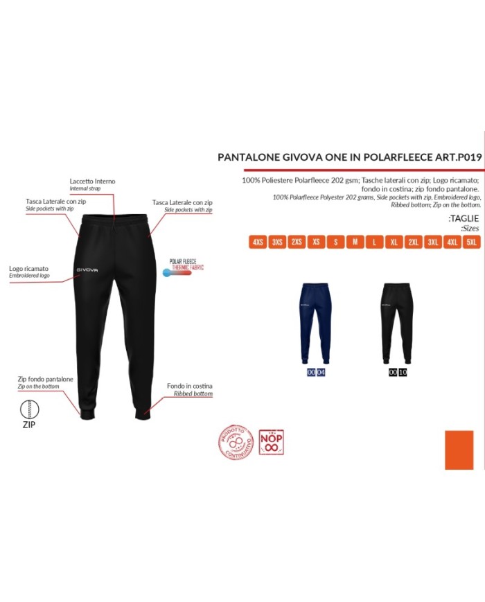 Pantalone Givova ONE in Pile P019 Unisex Allenamento Tempo Libero Blu