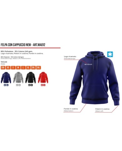 Felpa con Cappuccio Givova MA012 Felpata Unisex Tempo Libero Blu Felpa con Cappuccio Givova MA012 Felpata Unisex Tempo Libero Blu
