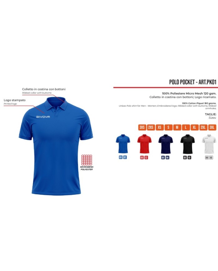 Polo Givova POCKET in Mesh PK01 Unisex Tempo Libero Padel Tennis Rosso Polo Givova POCKET in Mesh PK01 Unisex Tempo Libero Padel Tennis Rosso