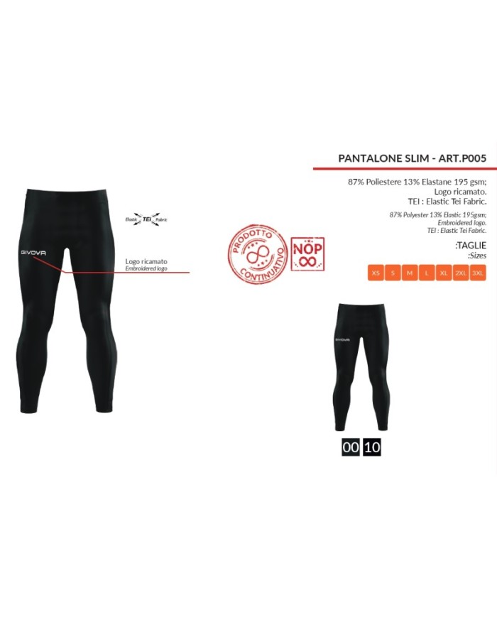 PANTALONE SLIM Givova P05 Running Fitness Allenamento Unisex Nero P050010