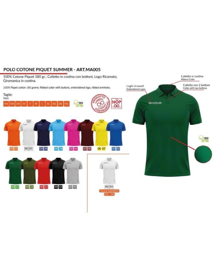 Polo SUMMER Givova MA005 Cotone Piquet 180gr Rossa MA0050012 Polo SUMMER Givova MA005 Cotone Piquet 180gr Rossa MA0050012