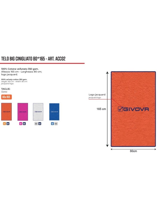 Telo Mare Givova BIG CINIGLIATO ACC02 80x165cm Spiaggia Palestra Arancio Blu ACC020104