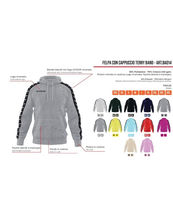 Felpa con Cappuccio Givova Terry Band BA014 Cotone Unisex Verde Bosco BA0140094