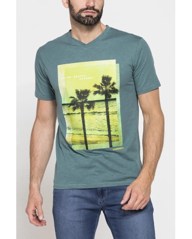 T-SHIRT SCOLLO A V CORTO, CON STAMPA. IN  JERSEY   FIAMMATO DI COTONE