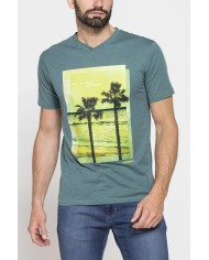 T-SHIRT SCOLLO A V CORTO, CON STAMPA. IN  JERSEY   FIAMMATO DI COTONE