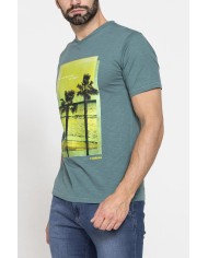 T-SHIRT SCOLLO A V CORTO, CON STAMPA. IN  JERSEY   FIAMMATO DI COTONE