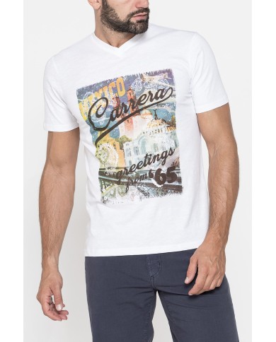 T-SHIRT SCOLLO A V CORTO, CON STAMPA. IN  JERSEY   FIAMMATO DI COTONE