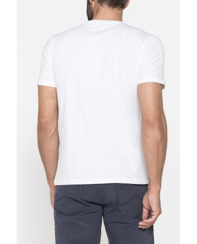 T-SHIRT SCOLLO A V CORTO, CON STAMPA. IN  JERSEY   FIAMMATO DI COTONE