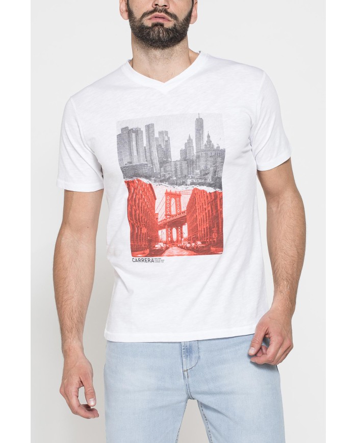 T-SHIRT SCOLLO A V CORTO, CON STAMPA. IN  JERSEY   FIAMMATO DI COTONE