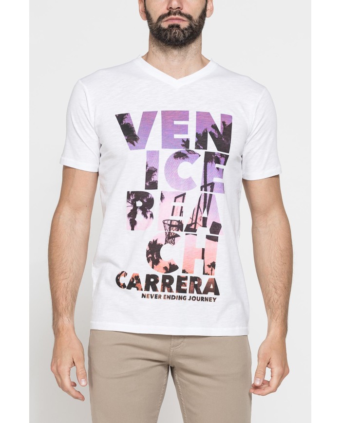 T-SHIRT SCOLLO A V CORTO, CON STAMPA. IN  JERSEY   FIAMMATO DI COTONE