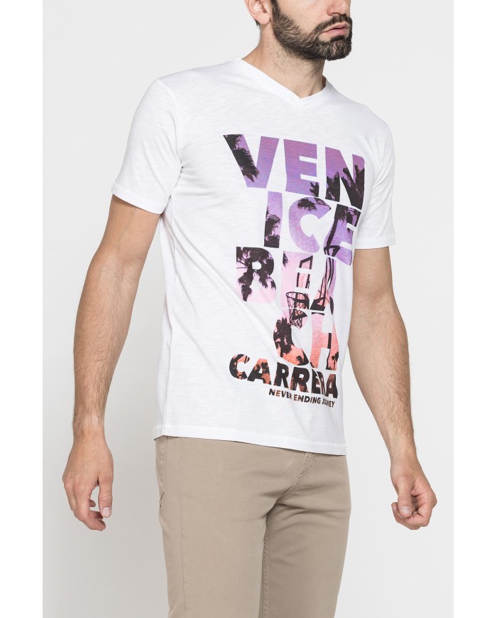 T-SHIRT SCOLLO A V CORTO, CON STAMPA. IN  JERSEY   FIAMMATO DI COTONE