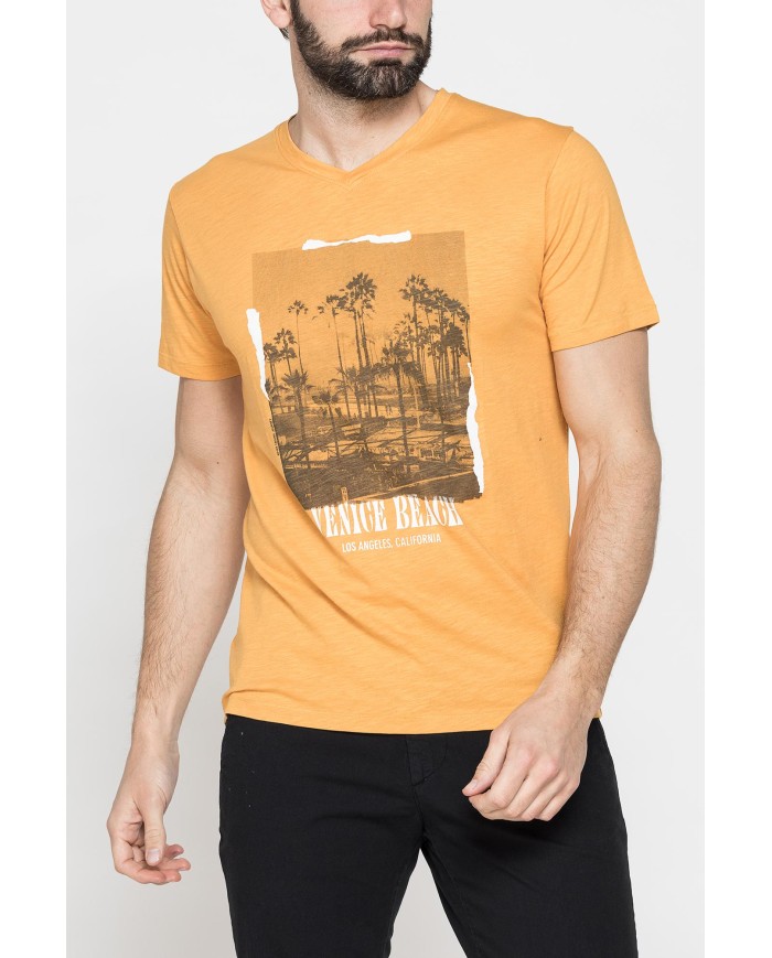 T-SHIRT SCOLLO A V CORTO, CON STAMPA. IN  JERSEY   FIAMMATO DI COTONE