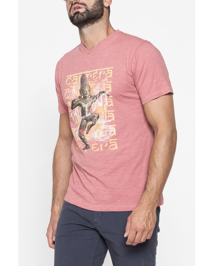 T-SHIRT SCOLLO A V CORTO, CON STAMPA. IN  JERSEY   FIAMMATO DI COTONE