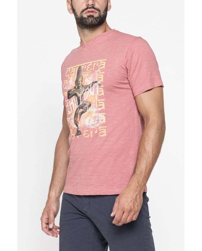 T-SHIRT SCOLLO A V CORTO, CON STAMPA. IN  JERSEY   FIAMMATO DI COTONE