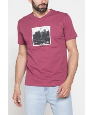 T-SHIRT SCOLLO A V CORTO, CON STAMPA. IN  JERSEY   FIAMMATO DI COTONE